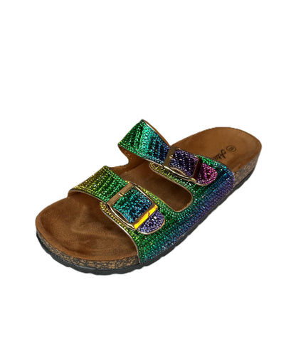 Atalina Double Buckle Sandals - Sparkly Rhinestone Slide Sandals for Women | Glam Summer Slip On Sandals | Glitter Buckle Sandals