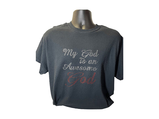 Gildan My God is an Awesome God: Silver Rhinestones with God in Red Rhinestones Tee