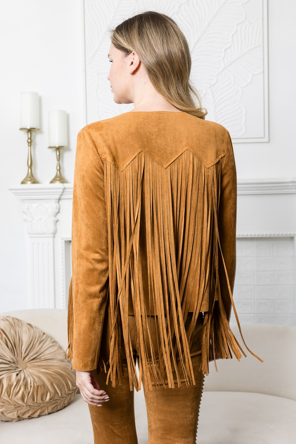 Women’s Western Fringe Suede Jacket with Stud Detail – Boho