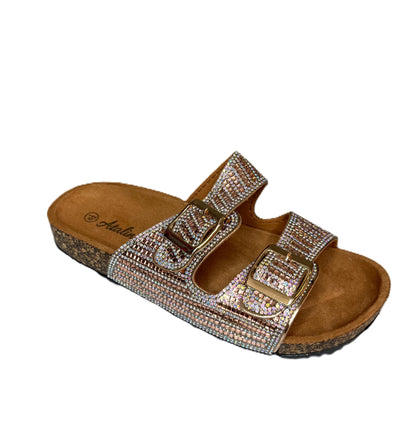 Atalina Double Buckle Sandals - Sparkly Rhinestone Slide Sandals for Women | Glam Summer Slip On Sandals | Glitter Buckle Sandals