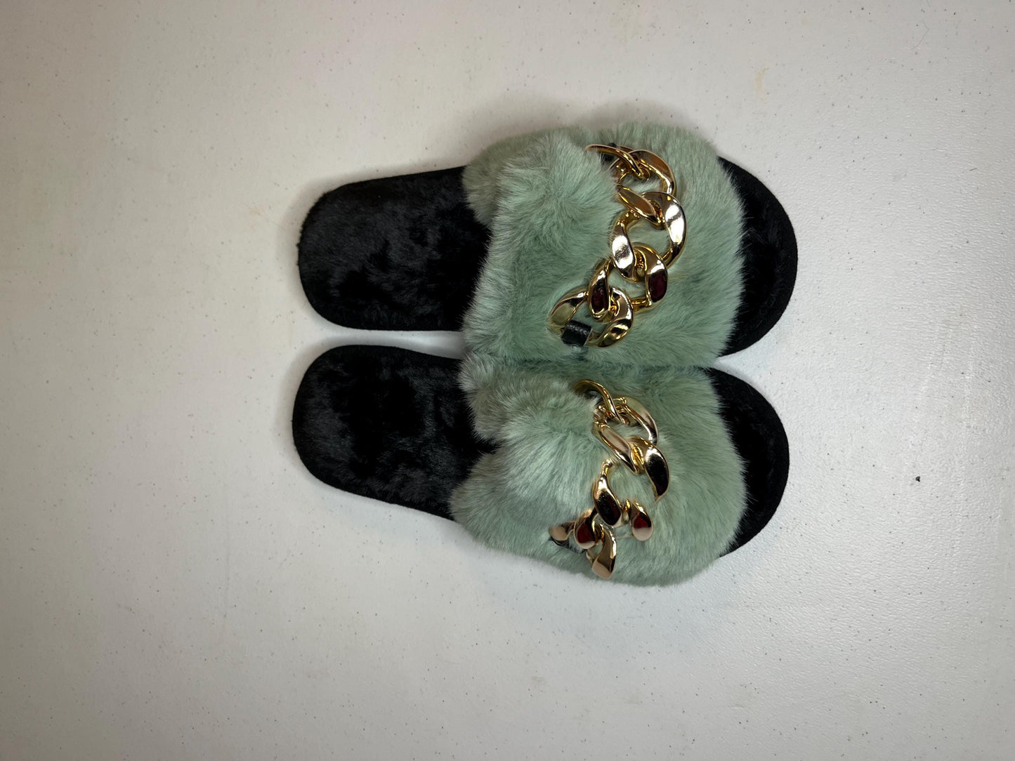 Fur Slides Gold Chain Sandals