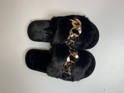 Fur Slides Gold Chain Sandals