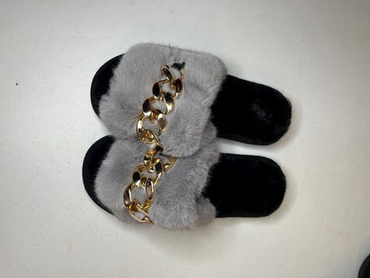 Fur Slides Gold Chain Sandals