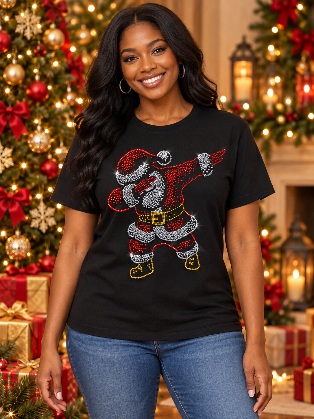 Dabbing Rhinestone Santa Graphic T-Shirt