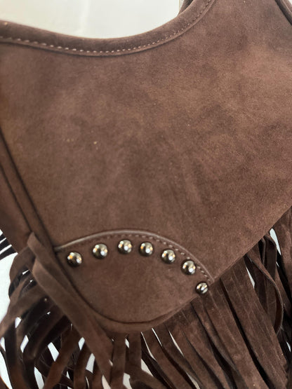 Western Fringe Suede Shoulder Bag | Black & Brown Studded Boho Purse | Cowgirl Festival Crossbody | Bohemian Hobo Bag | Rodeo Outfit