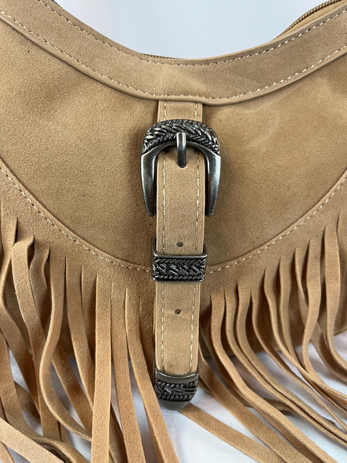 Boho Suede Fringe Shoulder Bag | Western Buckle Tan Leather Purse | Vintage Style Crossbody | Festival Bohemian Handbag | Cowgirl Gift