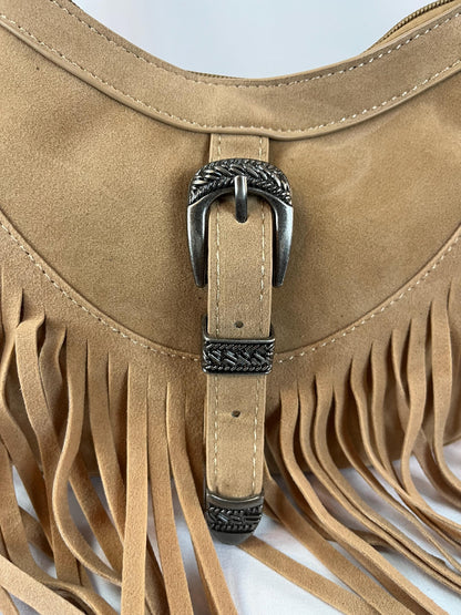 Boho Suede Fringe Shoulder Bag | Western Buckle Tan Leather Purse | Vintage Style Crossbody | Festival Bohemian Handbag | Cowgirl Gift