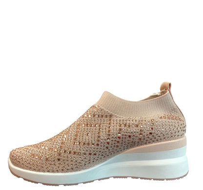 Rhinestone Shoes - Wedge Sneakers for Women – Slip-On Bling Walking Shoes | Knit Platform Trainers | Comfortable Rhinestone Fashion Sneakers