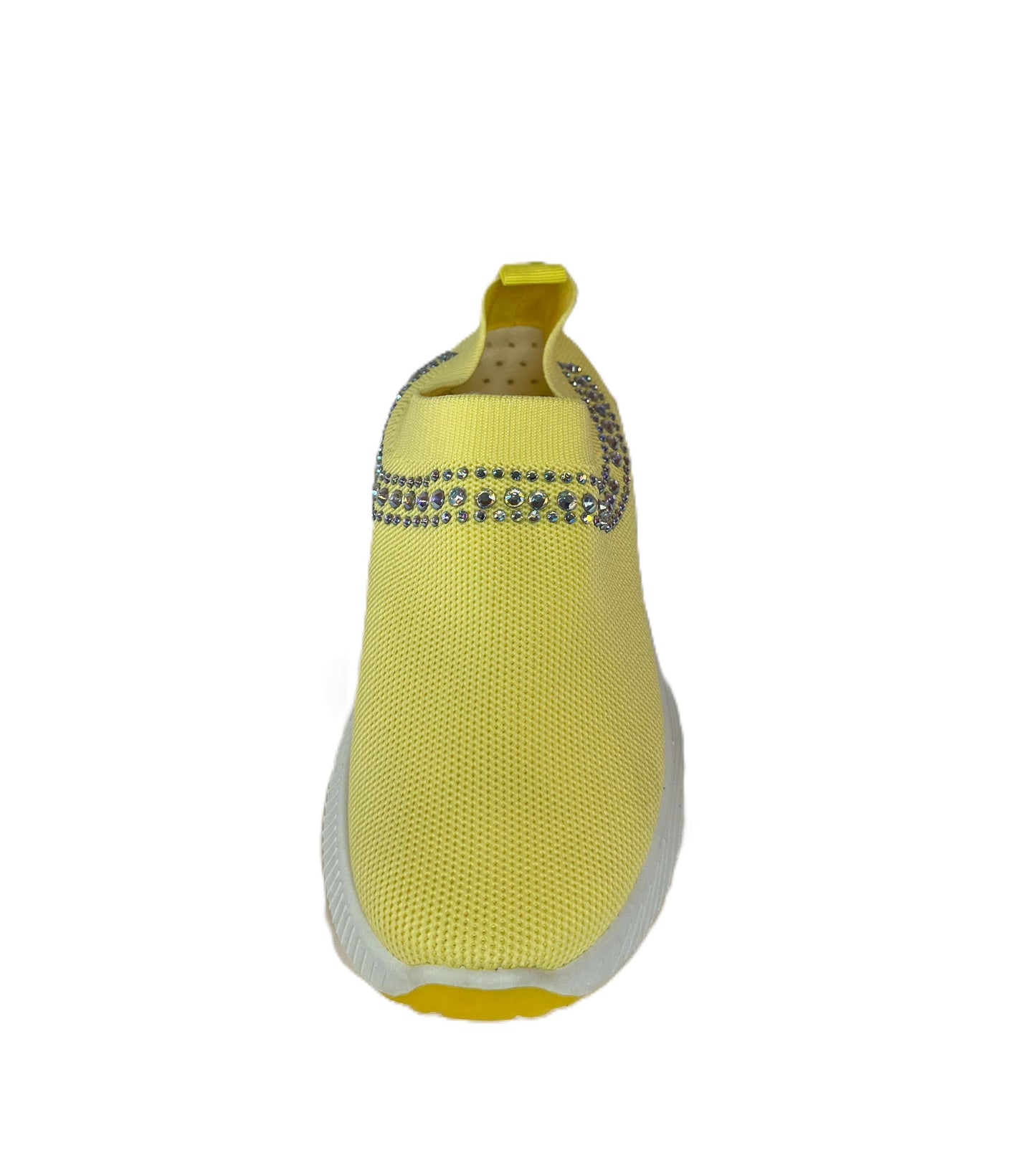 Adult Women's Walking Platform Sneaker - Yellow Rhinestone Slip-On Sneakers | White Women’s Sparkly Knit Walking Shoes | Lightweight Bling