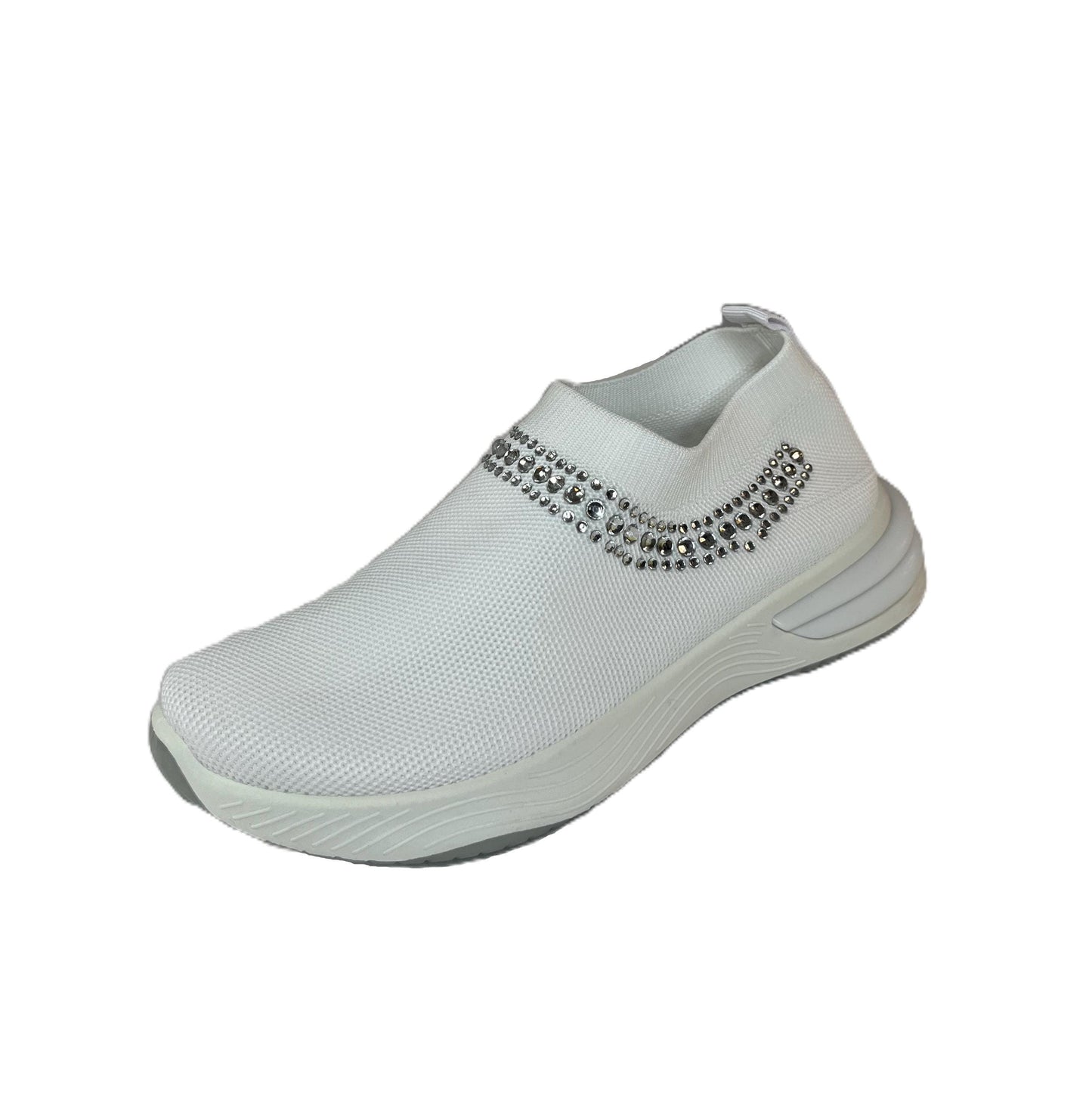 Adult Women's Walking Platform Sneaker - Yellow Rhinestone Slip-On Sneakers | White Women’s Sparkly Knit Walking Shoes | Lightweight Bling