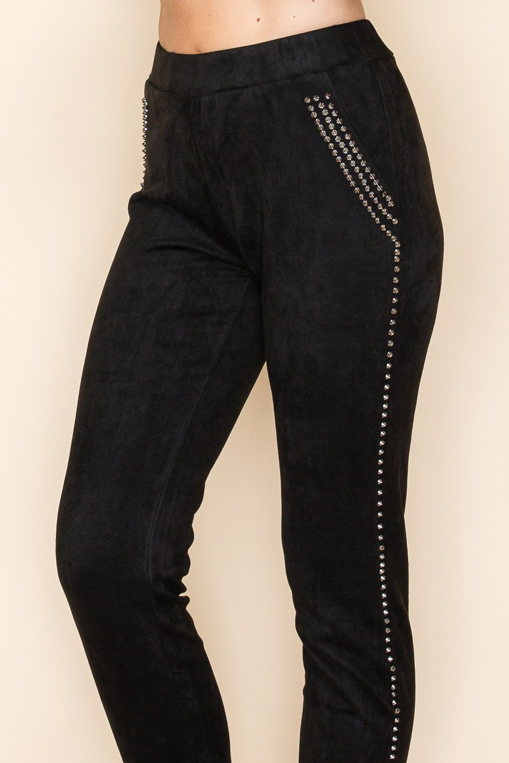 Black Suede Slim-Fit Pants with Studded Detail