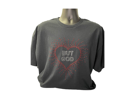 Gildan Silver “But God” with Red Scattered Heart in Rhinestones