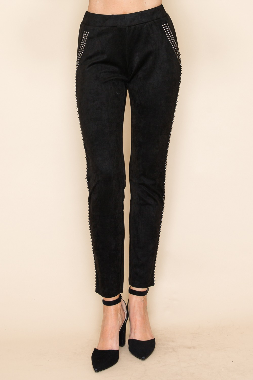 Black Suede Slim-Fit Pants with Studded Detail