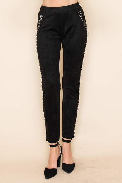 Black Suede Slim-Fit Pants with Studded Detail