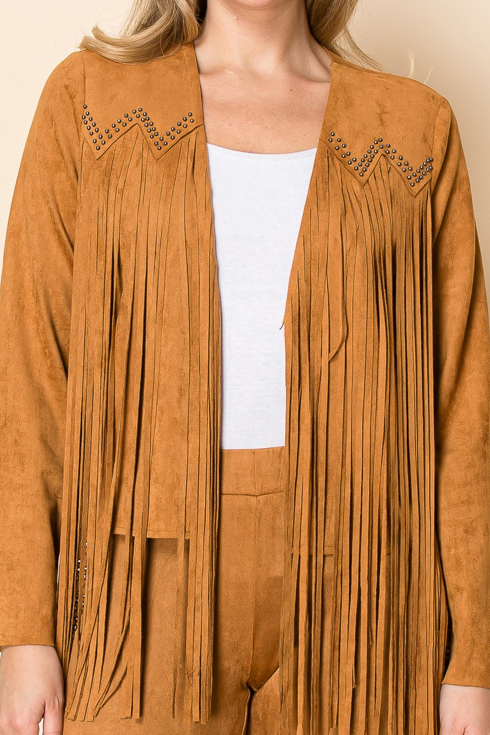 Women’s Western Fringe Suede Jacket with Stud Detail – Boho
