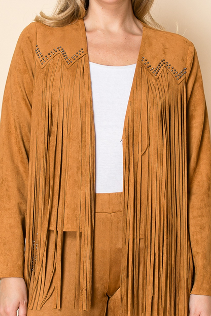 Women’s Western Fringe Suede Jacket with Stud Detail – Boho