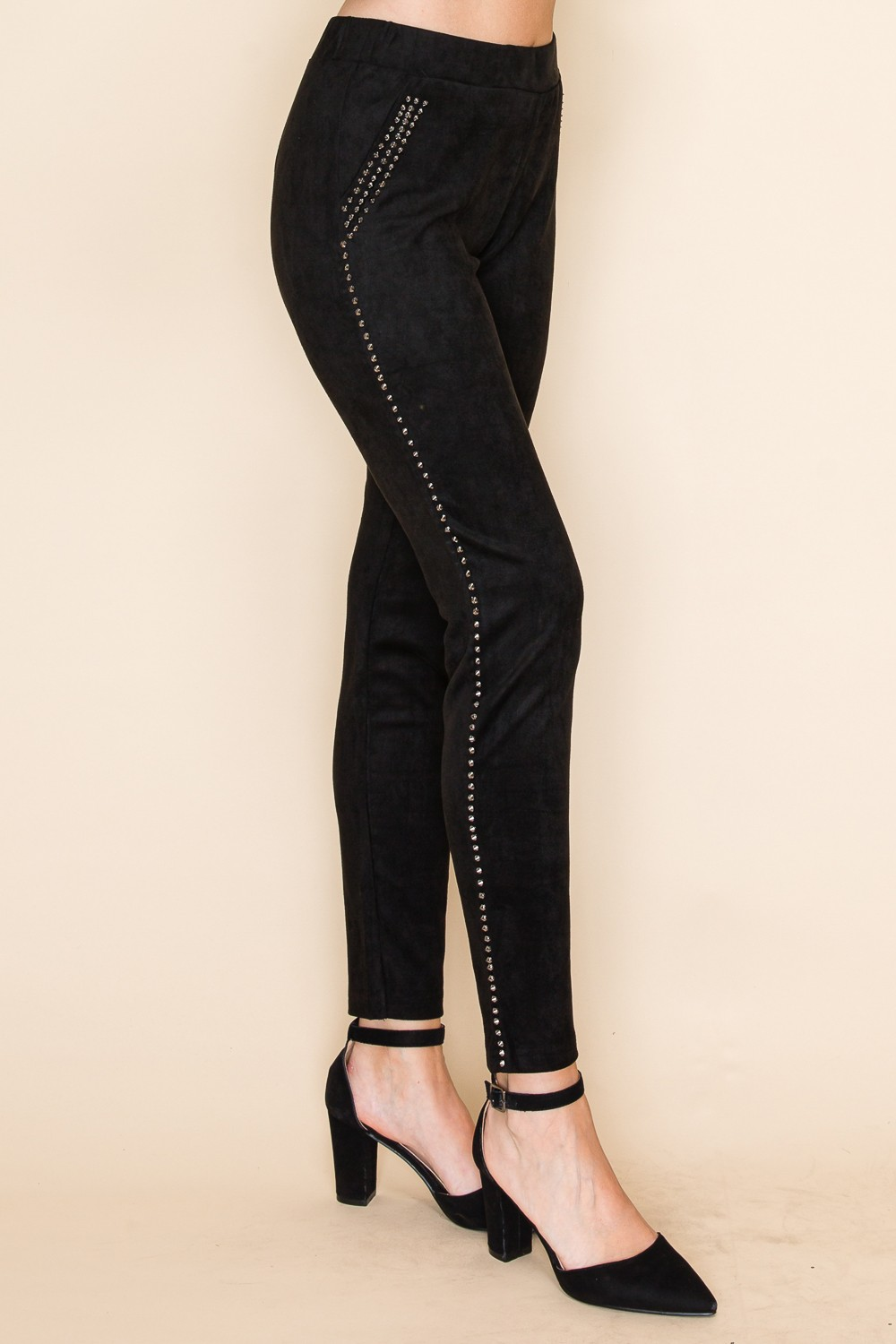 Black Suede Slim-Fit Pants with Studded Detail