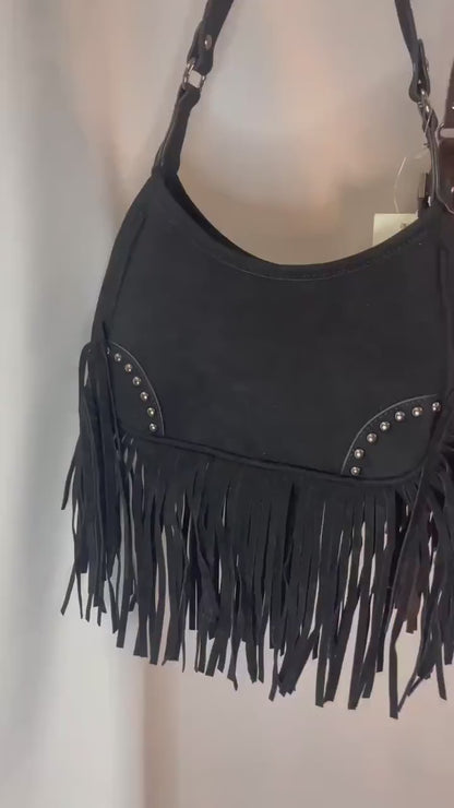 Western Fringe Suede Shoulder Bag | Black & Brown Studded Boho Purse | Cowgirl Festival Crossbody | Bohemian Hobo Bag | Rodeo Outfit
