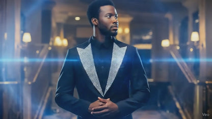 Halong Rhinestone Men’s Blazer – Black Peak Lapel Sequin Jacket, Slim Fit Formal Tuxedo, Luxury Statement Evening Wear