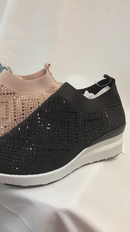 Rhinestone Shoes - Wedge Sneakers for Women – Slip-On Bling Walking Shoes | Knit Platform Trainers | Comfortable Rhinestone Fashion Sneakers