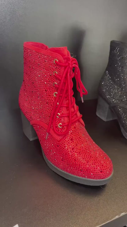 Atalina Rhinestone Boot -Sparkly Rhinestone Ankle Boots | Lace-Up Block Heel Booties | Glam Combat Style Shoes for Women |