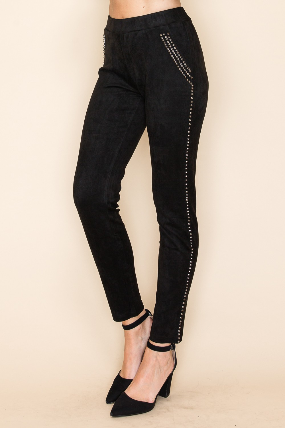 Black Suede Slim-Fit Pants with Studded Detail