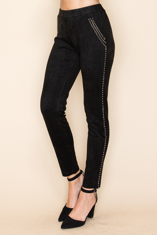 Black Suede Slim-Fit Pants with Studded Detail
