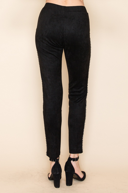 Black Suede Slim-Fit Pants with Studded Detail