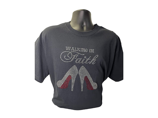 Gildan Walking In Faith: Silver Rhinestone with Red Bottom Shoes