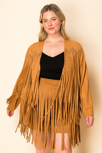 Women’s Western Fringe Suede Jacket with Stud Detail – Boho